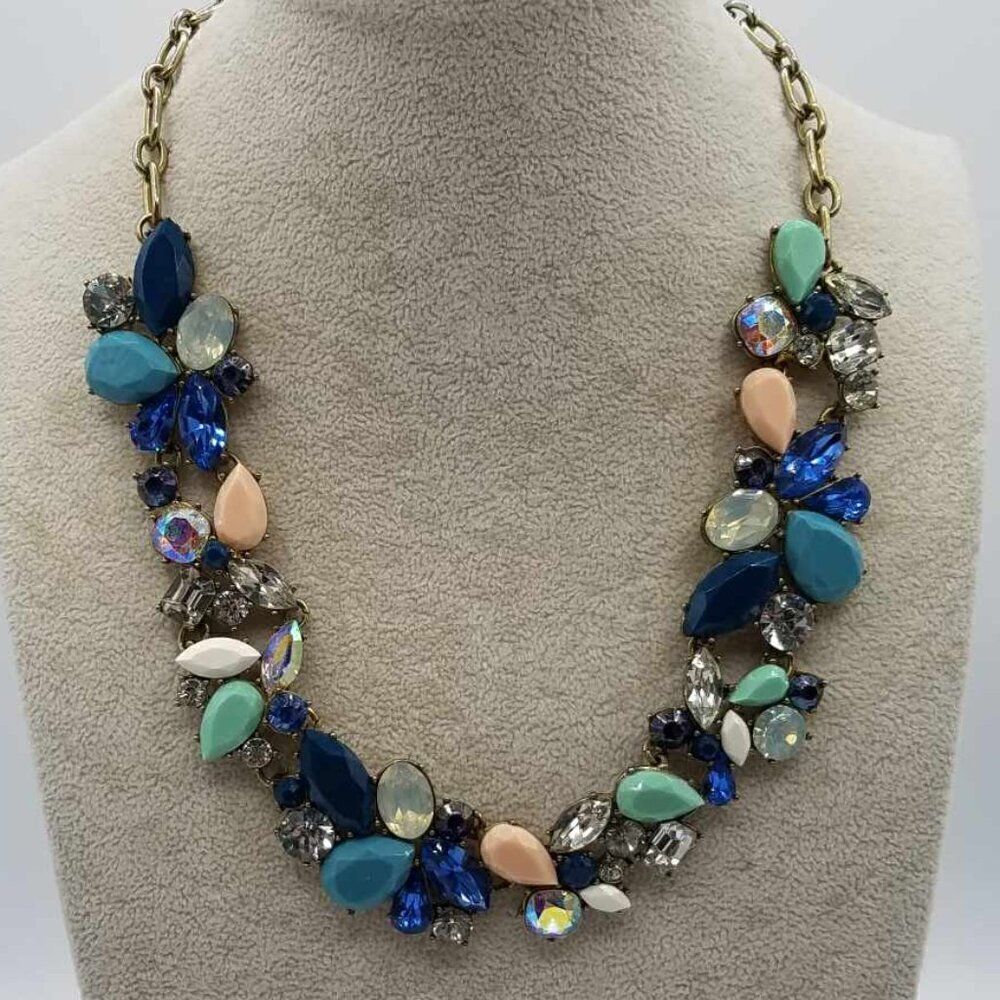 J Crew Shades of Blue Crystal Statement Necklace